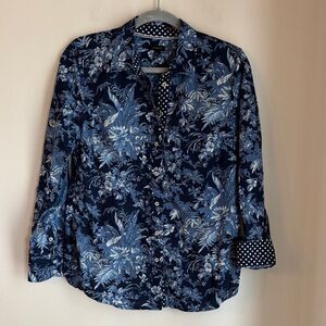 Talbots Navy Floral mixed print casual Button Down Shirt polka dots women SM EUC